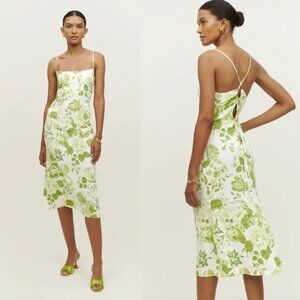 Reformation dress, white, green, wedding guest, midi